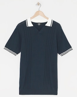 Navy Open Neck Knitted Polo