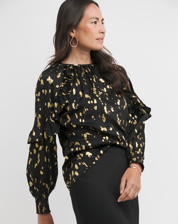 Womens Satin High Neck Ruffle Detail Raglan Sleeve Blouse - Gold Foil Print
