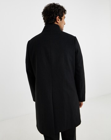 Black Wool Blend Mid Length Funnel Neck Coat