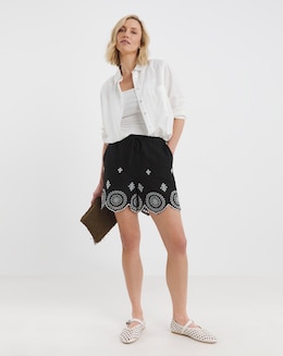 Black Linen Mix Broderie Hem Shorts