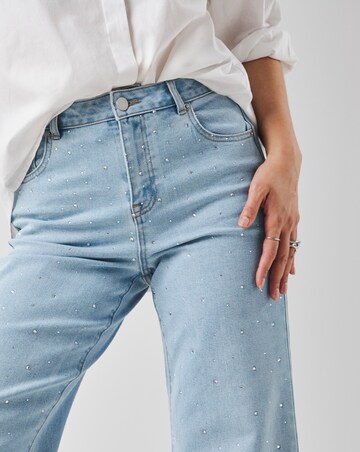 Mid Blue Embellished Wide Leg Jeans