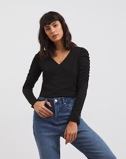 Black Ruched Shoulder Long Sleeve Top