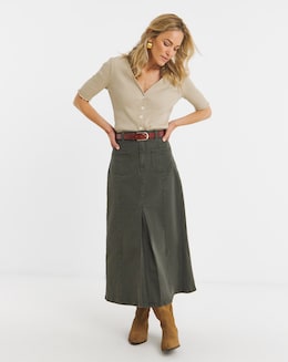 Khaki Pocket Front Denim Midi Skirt