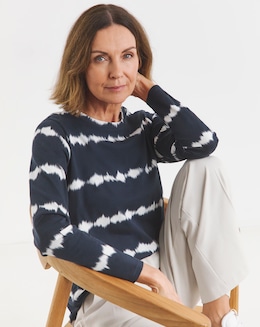Pure Cotton Tie Dye Stripe Long Sleeve Longline Curved Hem Top