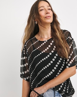 Chiffon Printed Boxy Short Sleeve Top - Black Spot