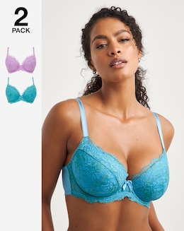 Pretty Secrets (2 Pack) Ella Lace Padded Plunge Wired Bras (B-J) Lilac/Blue