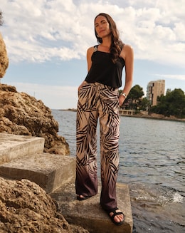 Printed Textured Wide Leg Trousers