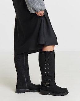 Zoey Studded Knee High Biker Boots - Extra Wide Fit (EEE) &amp; Super Curvy Calf
