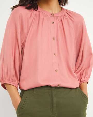 Pink Short Sleeve Viscose Collarless Blouse With Mock Horn Buttons