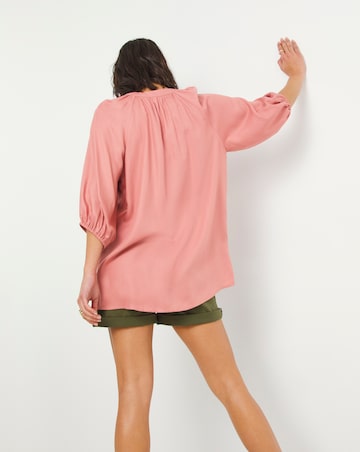 Pink Short Sleeve Viscose Collarless Blouse With Mock Horn Buttons
