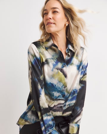 Womens Satin Longline Long Sleeve Shirt - Blue/Natural Abstract