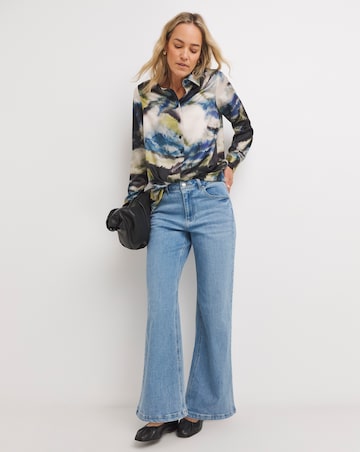 Womens Satin Longline Long Sleeve Shirt - Blue/Natural Abstract