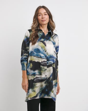 Womens Satin Longline Long Sleeve Shirt - Blue/Natural Abstract