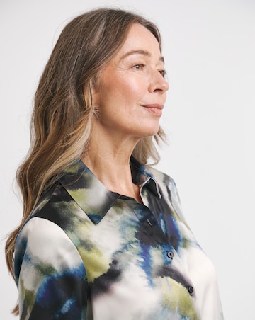 Womens Satin Longline Long Sleeve Shirt - Blue/Natural Abstract