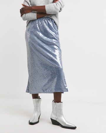 Blue Mesh Sequin Column Midi Skirt