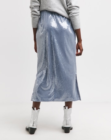 Blue Mesh Sequin Column Midi Skirt