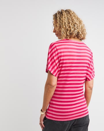 Pink Short Sleeve Lace Insert Stripe Top