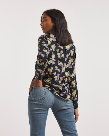 Black Floral Long Sleeve Value Cotton Square Neck Top