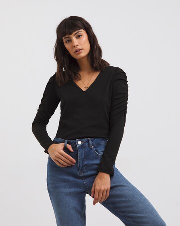 Black Ruched Shoulder Long Sleeve Top