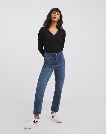 Black Ruched Shoulder Long Sleeve Top