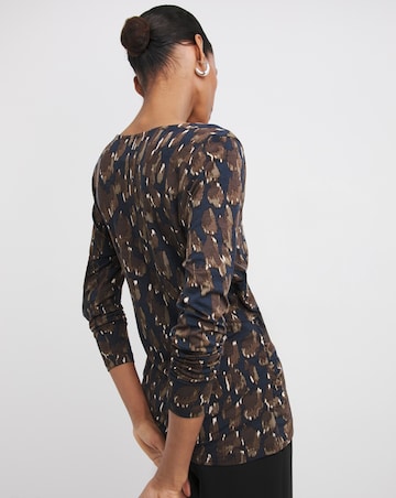 Print Ruched Sides V Neck Long Sleeve Top