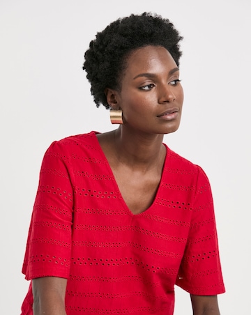 Pure Cotton Red Broderie V-Neck Angel Sleeve Top
