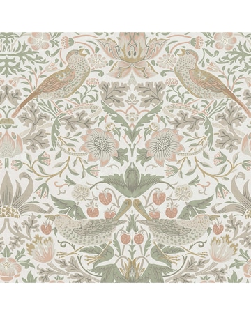 William Morris at Home Strawberry Thief Sage & Pink Animal & Floral Wallpaper