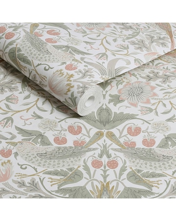 William Morris at Home Strawberry Thief Sage & Pink Animal & Floral Wallpaper