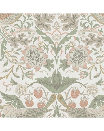 William Morris at Home Strawberry Thief Sage & Pink Animal & Floral Wallpaper