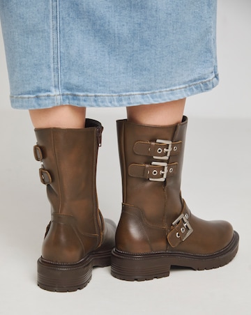 Leni Calf Height Leather Biker Boot - Wide Fit (E)