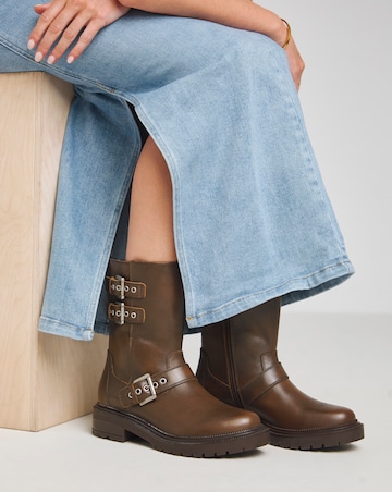 Leni Calf Height Leather Biker Boot - Wide Fit (E)