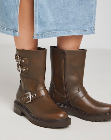 Leni Calf Height Leather Biker Boot - Wide Fit (E)