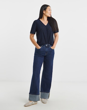 Navy V-Neck Broderie T-Shirt