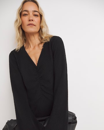 V Neck Long Sleeve Ruched Rib Dress