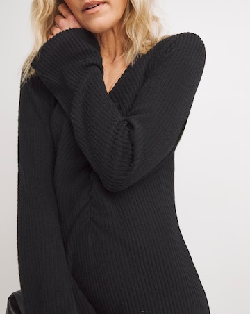 V Neck Long Sleeve Ruched Rib Dress