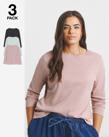 Black, Rose & Sage 3 Pack Long Sleeve Pure Cotton Ribbed Tops