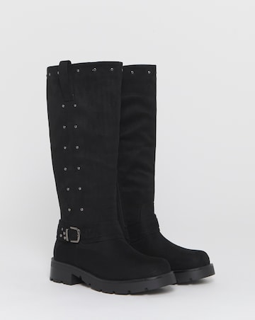Zoey Studded Knee High Biker Boots - Wide Fit (E) & Curvy Calf