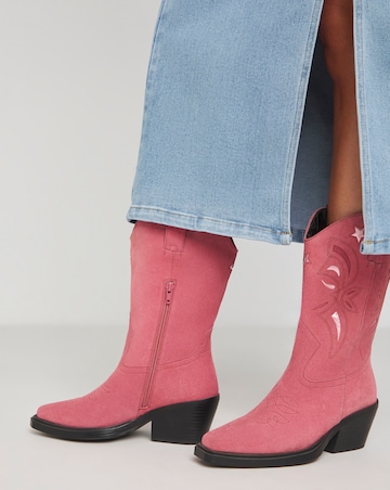 Rowan Suede Cut Out Detail Western Boots Extra Wide EEE Fit Super Curvy Calf
